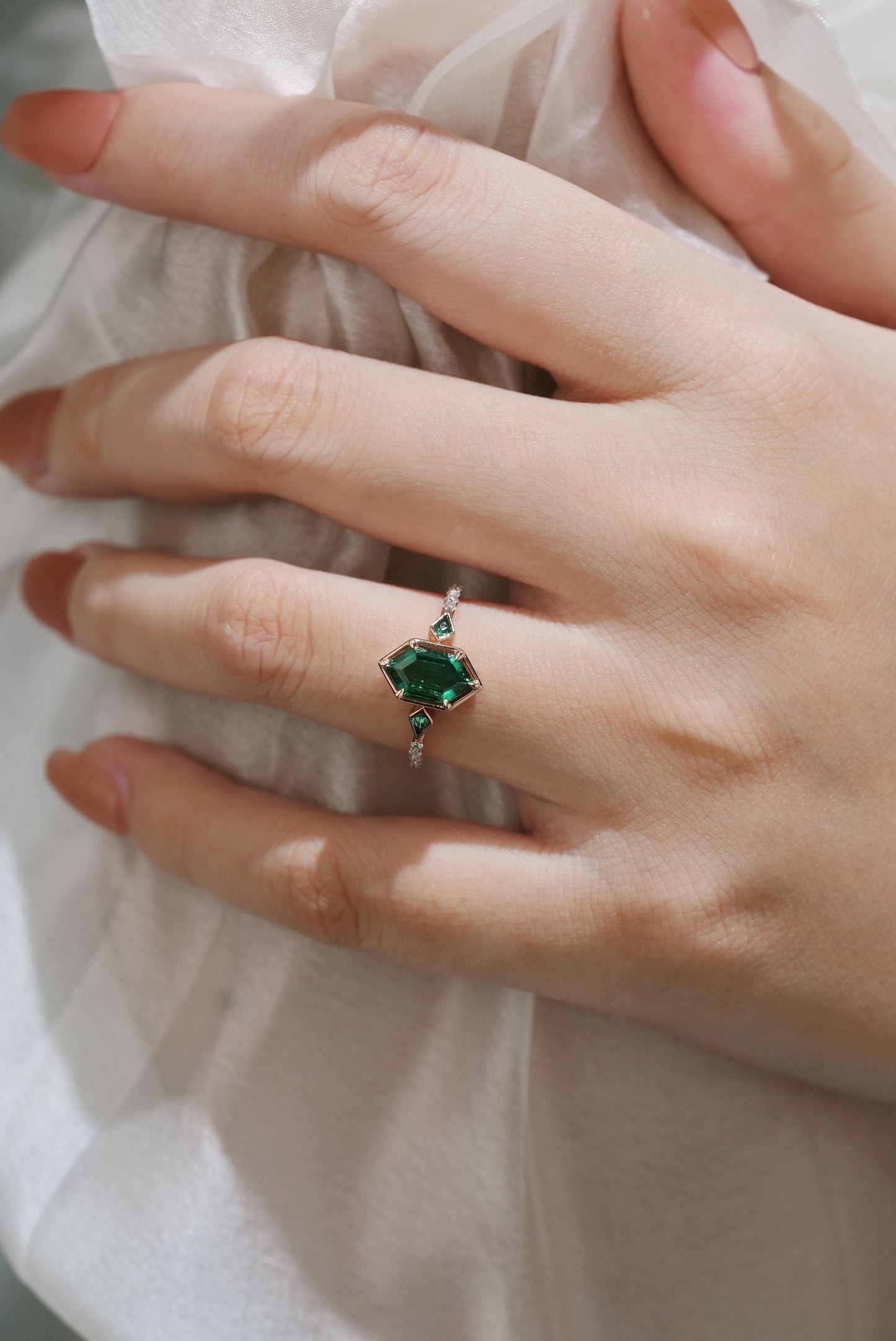 Unique Long Hexagon Cut Lab Emerald Engagement Ring