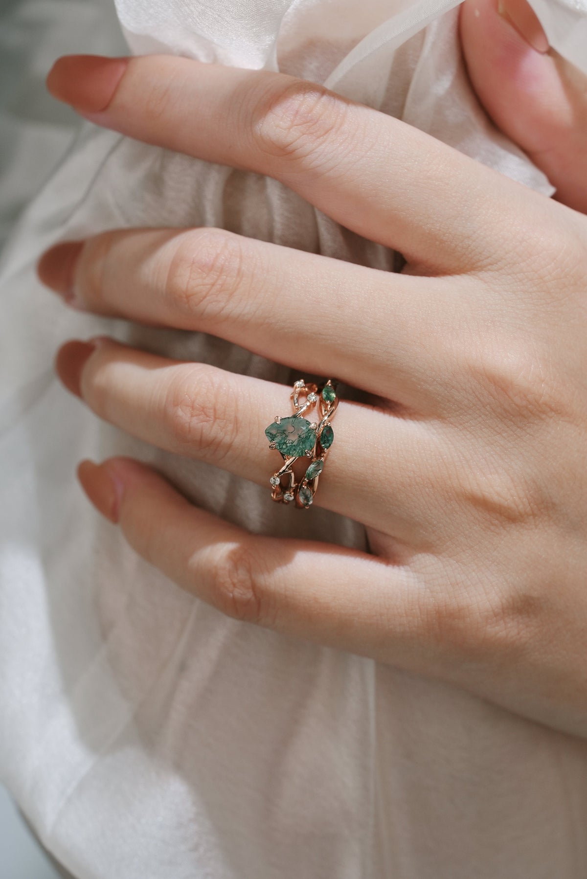 Moss Agate Engagement Ring With Straight Wedding Band 2pcs