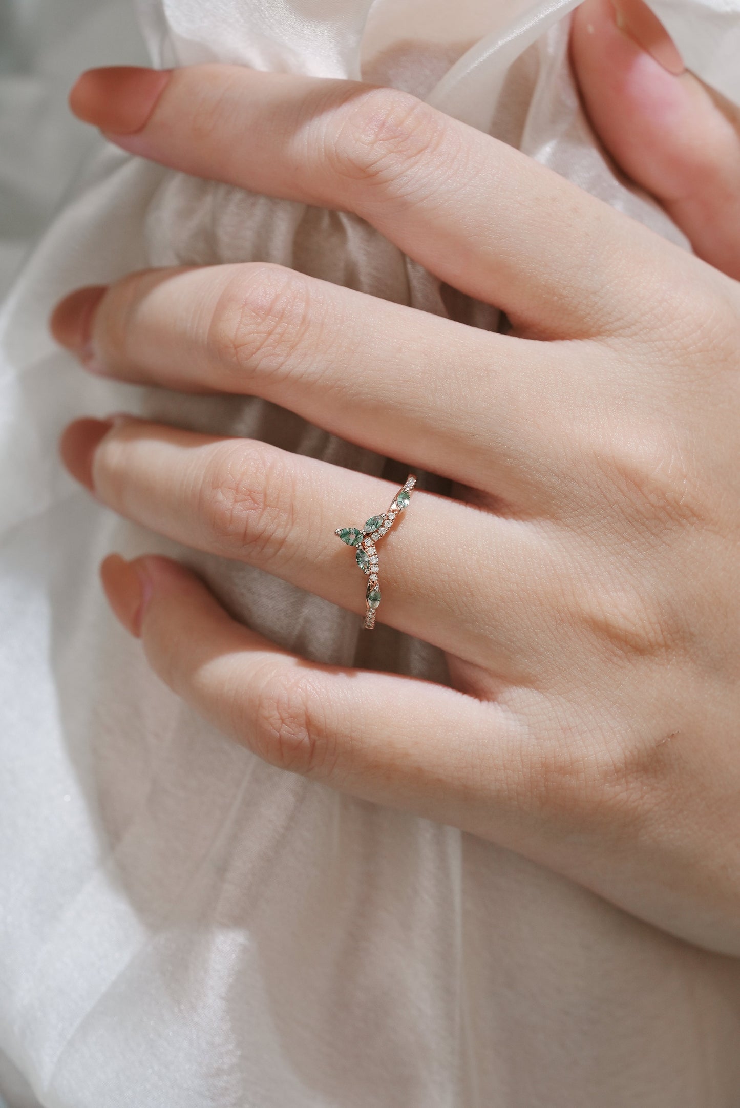 Moissanite & Moss Agate Wedding Band