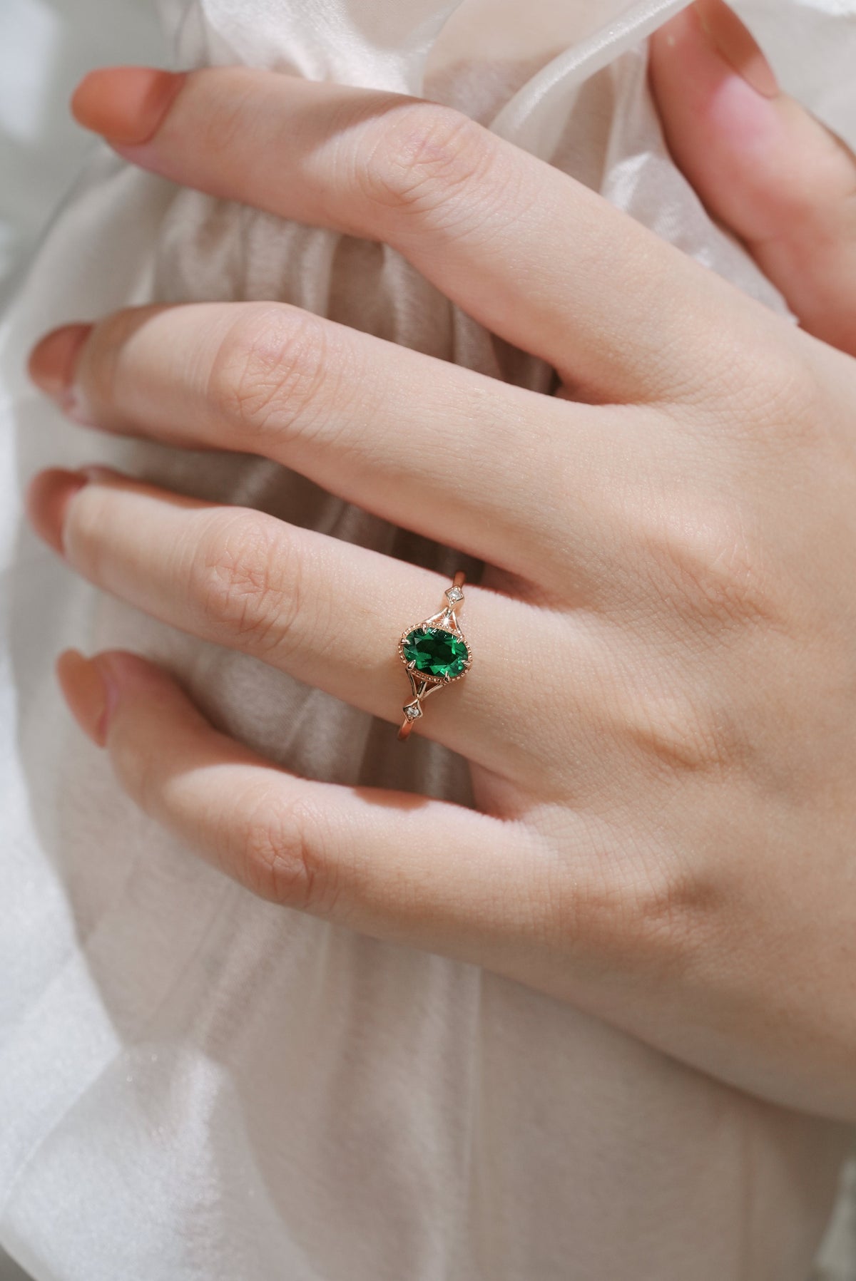 Classic Oval Cut Lab Created Emerald Engagement Ring