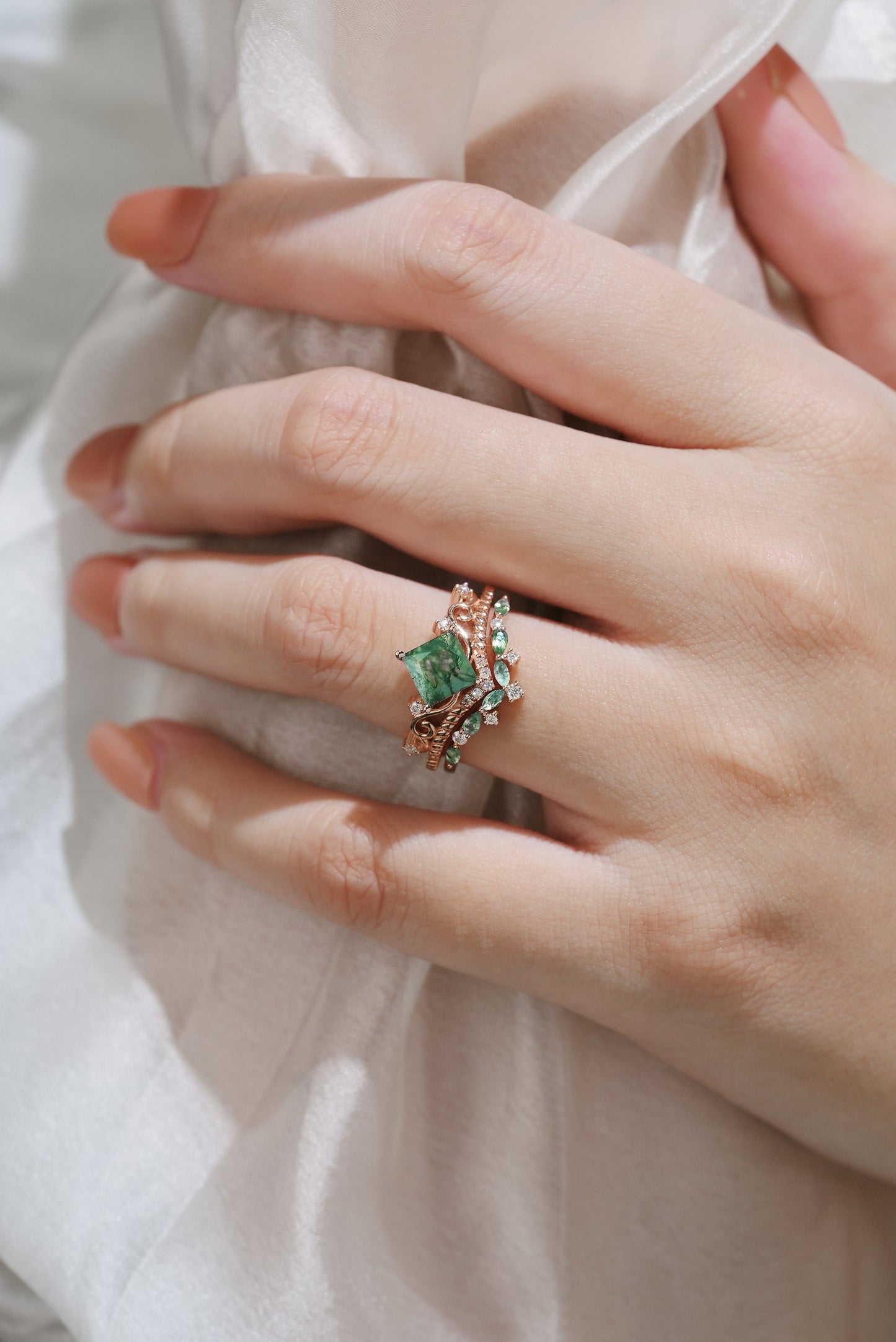 Vintage Princess Cut Moss Agate Bridal Ring Set 2pcs