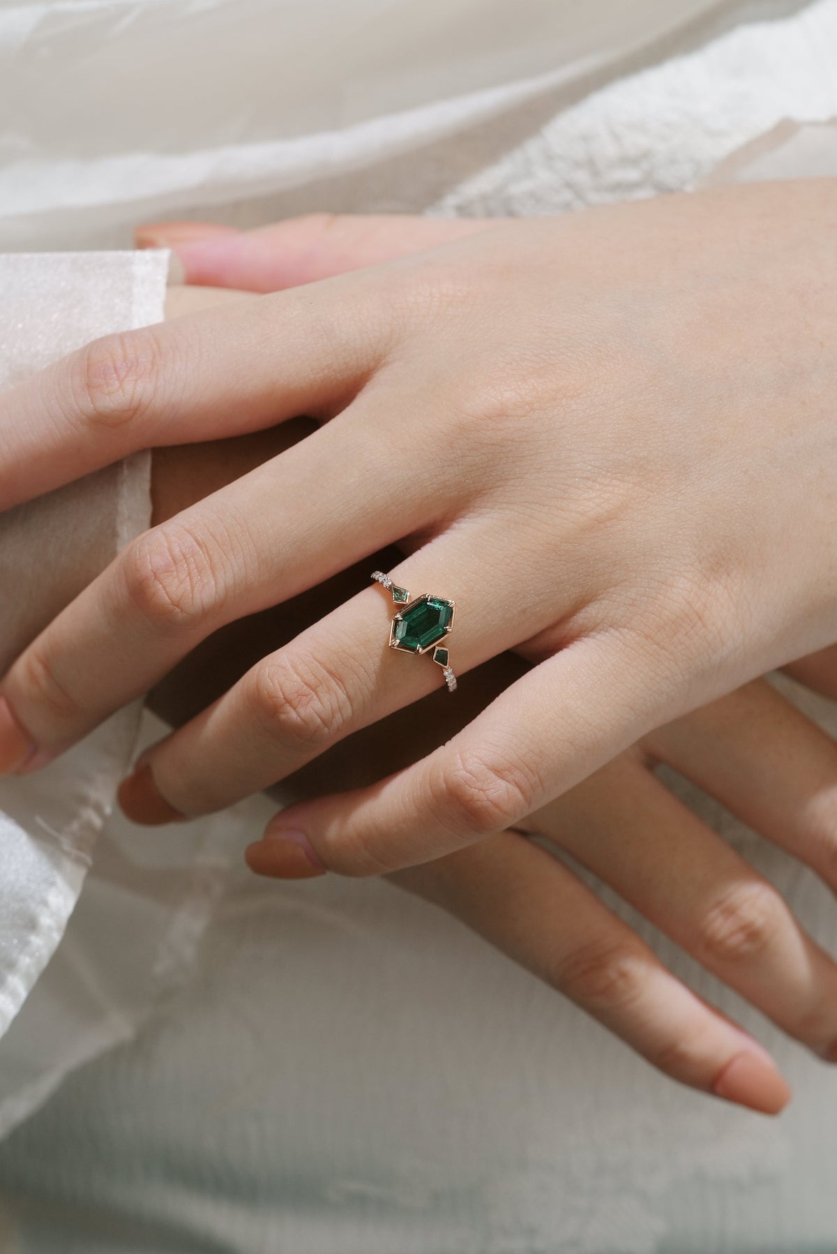 Unique Long Hexagon Cut Lab Emerald Engagement Ring