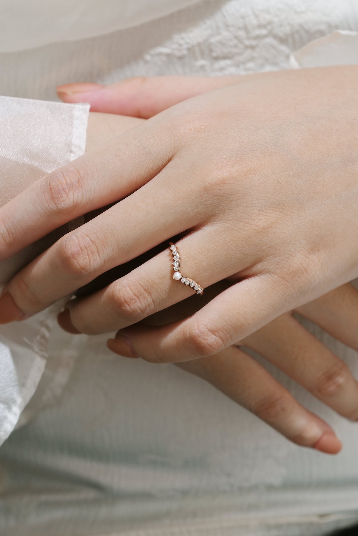 Classic Curved Wedding Band With Pearl & Moissanite