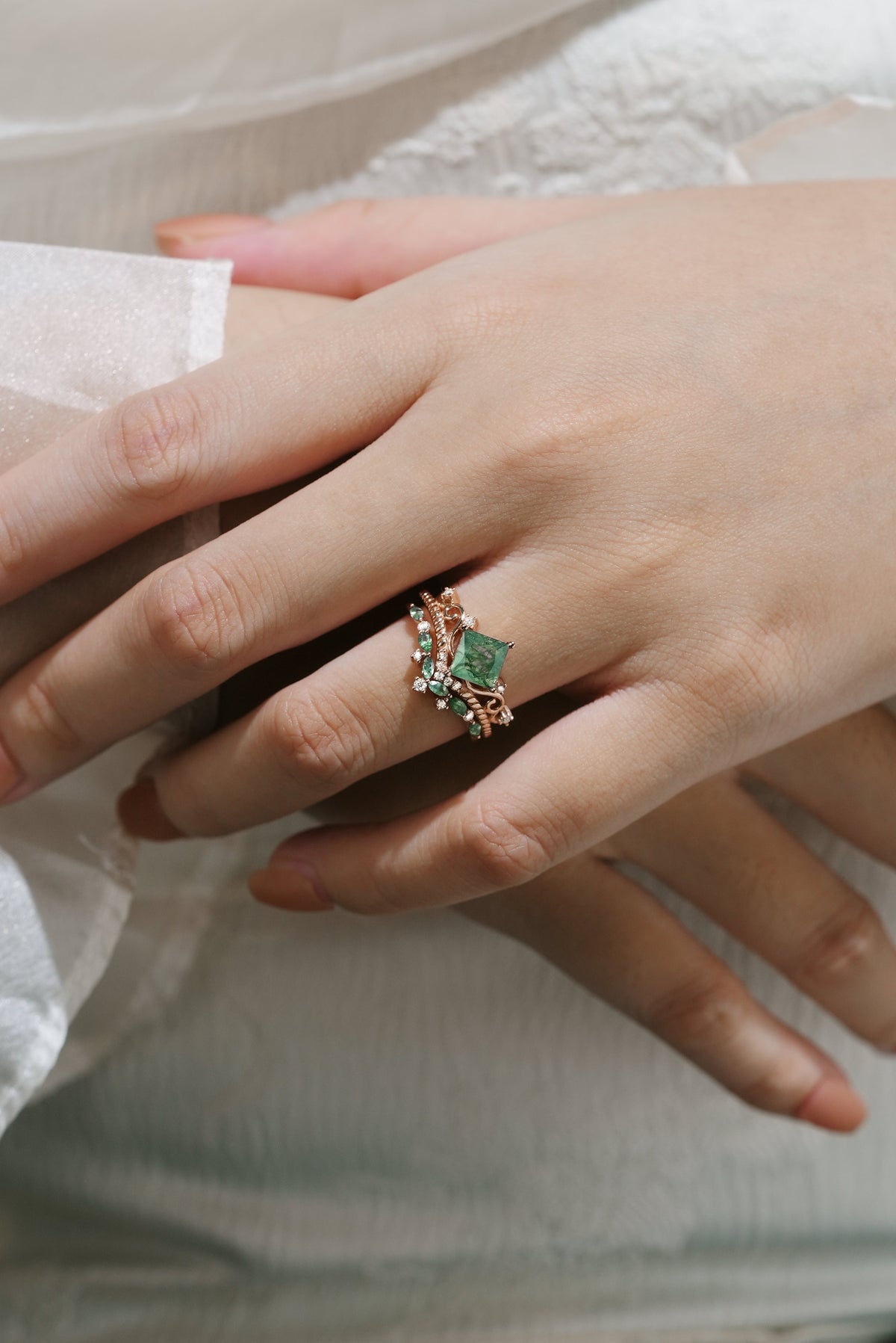 Vintage Princess Cut Moss Agate Bridal Ring Set 2pcs