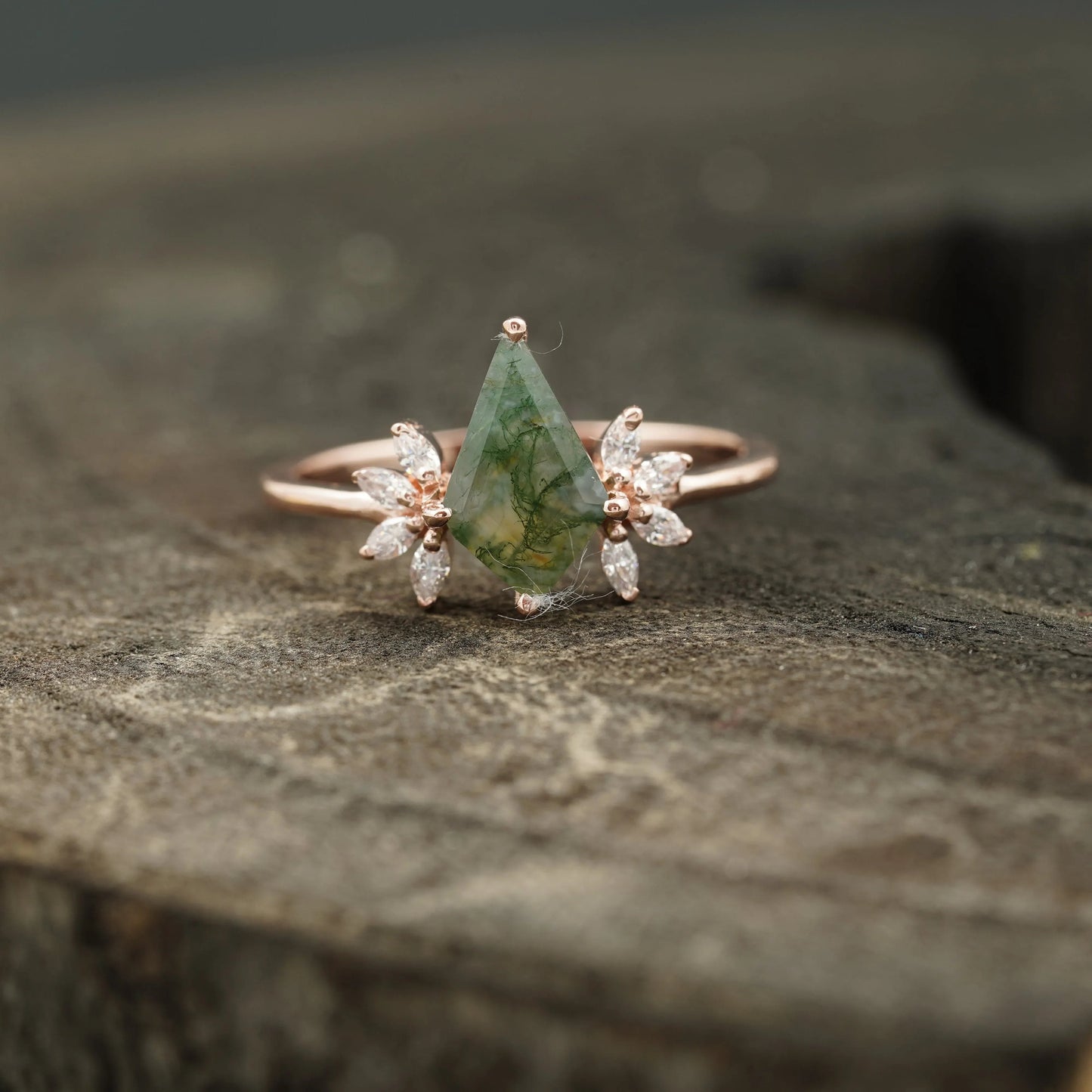 Kite Shaped Moss Agate Marquise Diamond Engagement Ring