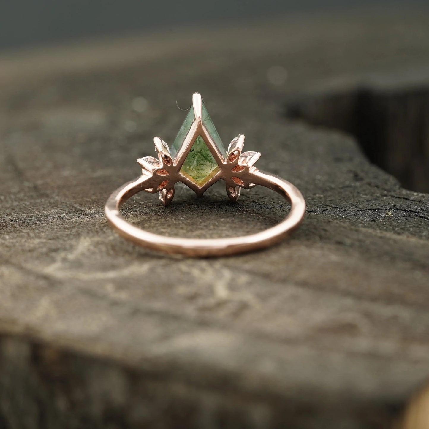 Kite Shaped Moss Agate Marquise Diamond Engagement Ring