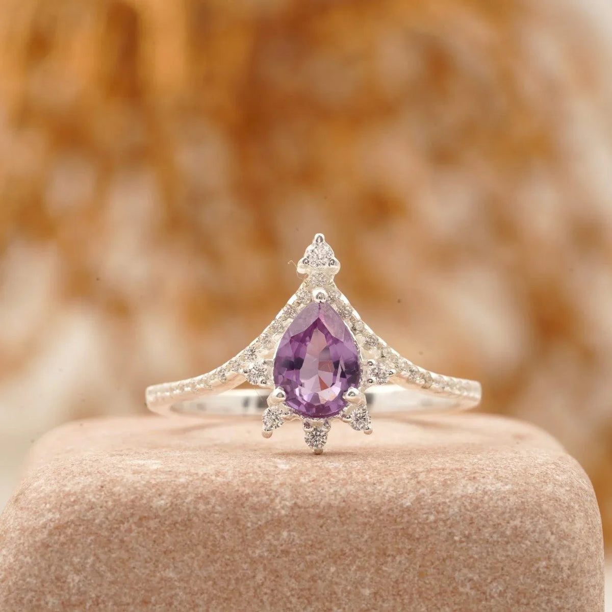 Vintage Pear Amethyst Halo Diamond Engagement Ring