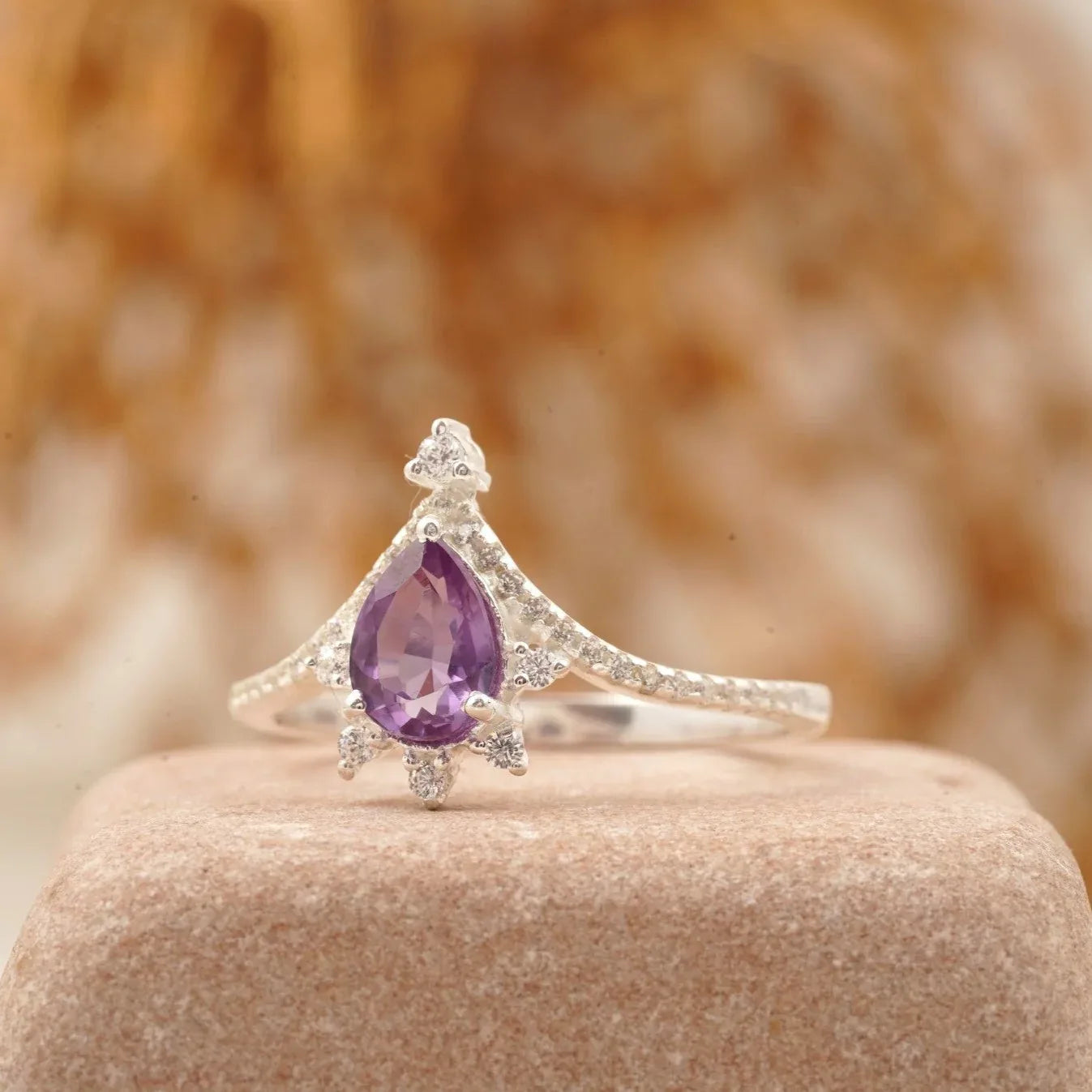 Vintage Pear Amethyst Halo Diamond Engagement Ring