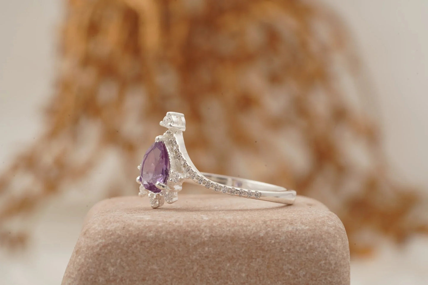 Pear Cut Alexandrite Wedding Band Stacking Diamond Curved Ring