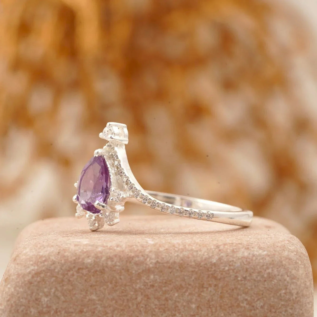 Vintage Pear Amethyst Halo Diamond Engagement Ring