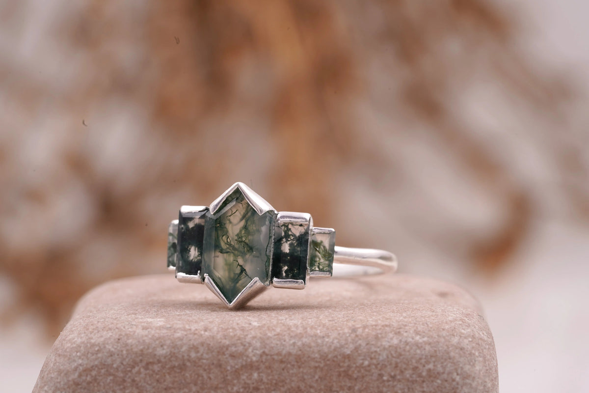 Bezel Set Moss Agate Hexagon Engagement Ring