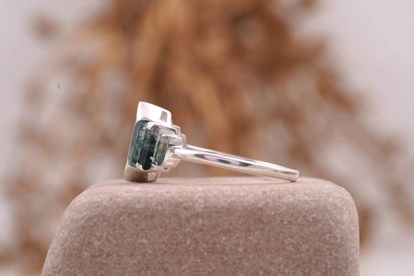 Bezel Set Moss Agate Hexagon Engagement Ring