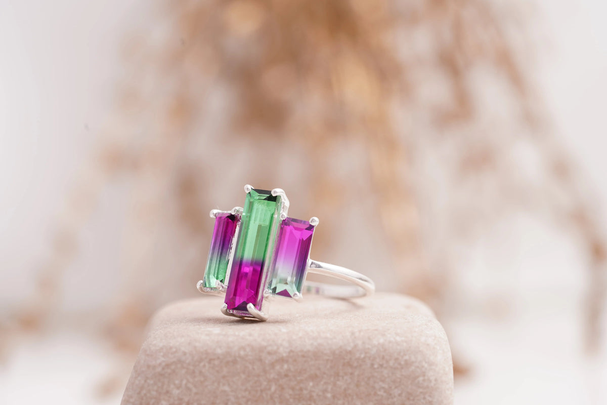 Watermelon Tourmaline Baguette Cocktail Ring