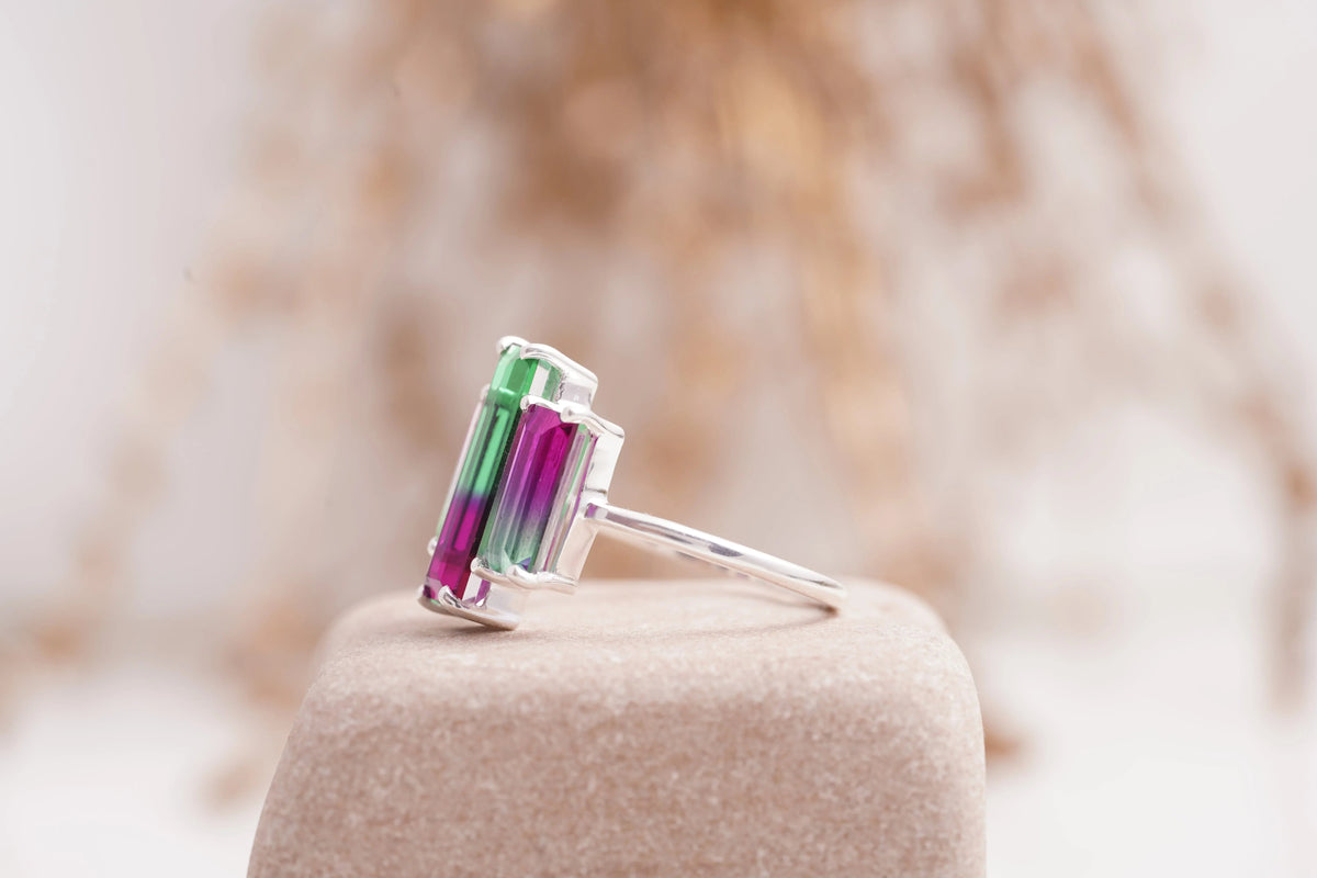 Watermelon Tourmaline Baguette Cocktail Ring
