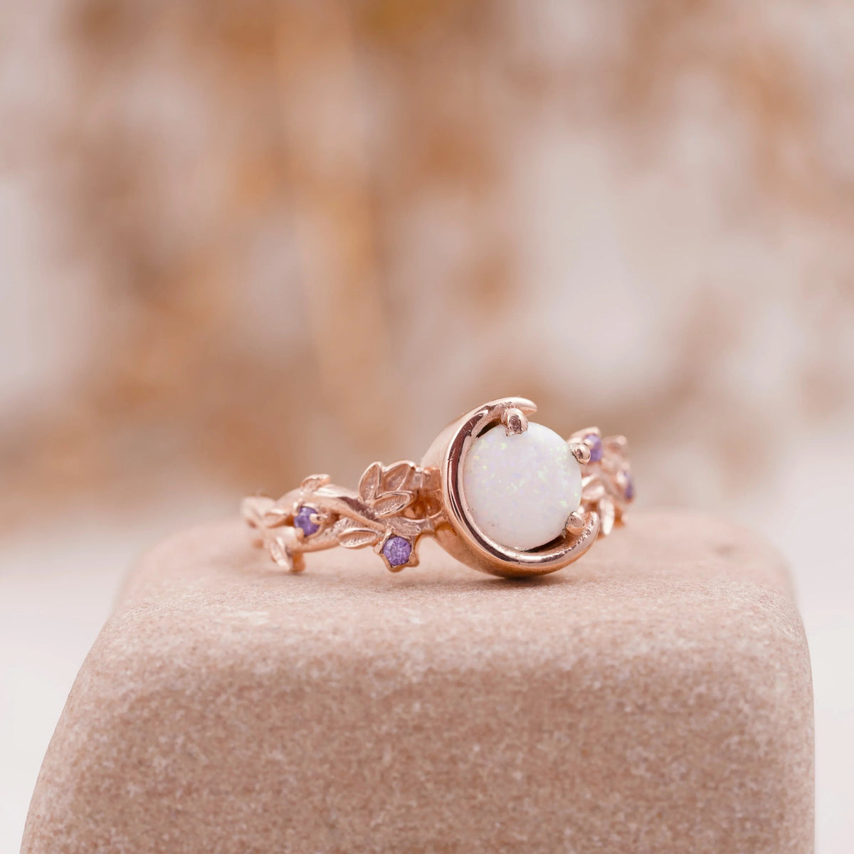 Moon Star Opal Engagement Ring with Amethyst Band