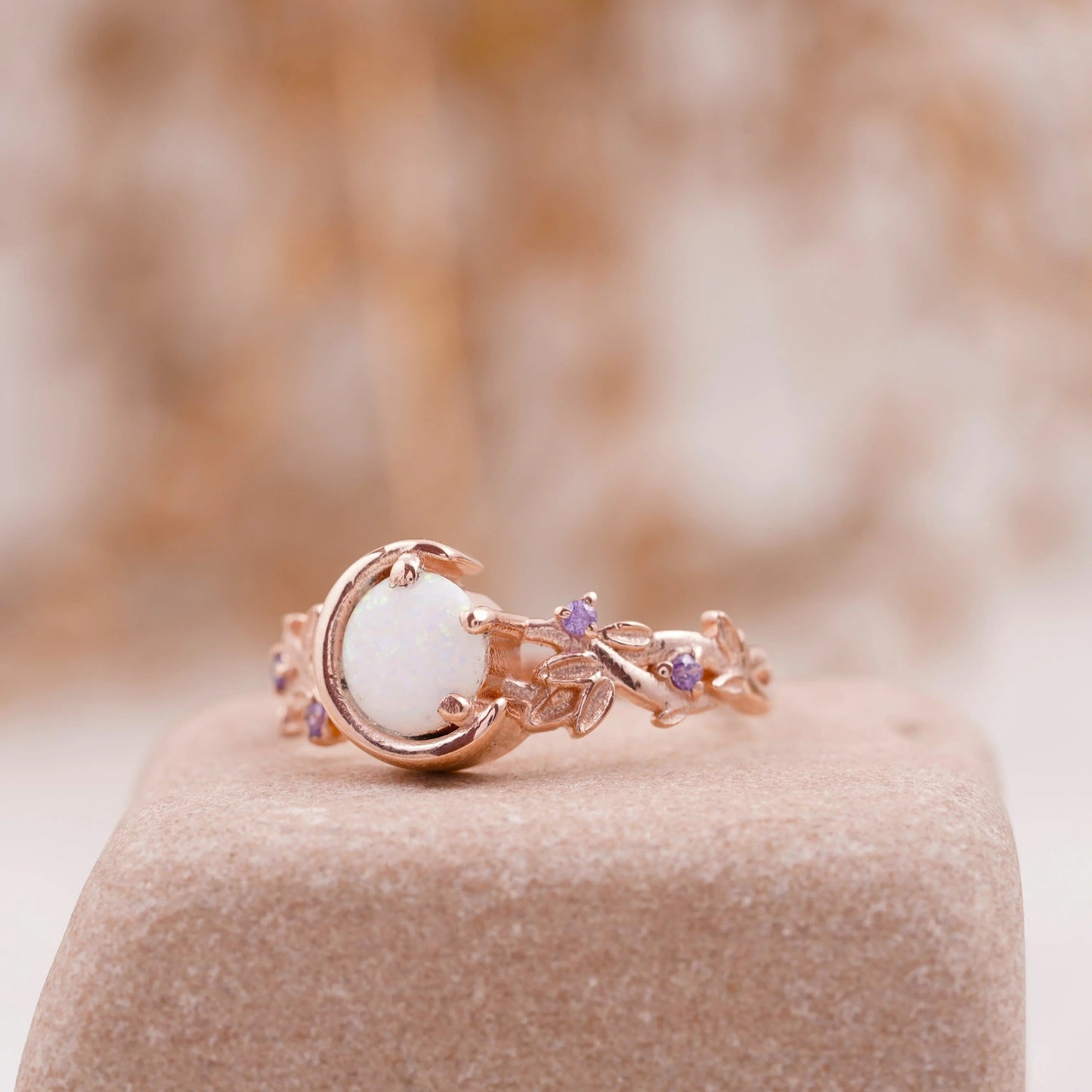 Moon Star Opal Engagement Ring with Amethyst Band