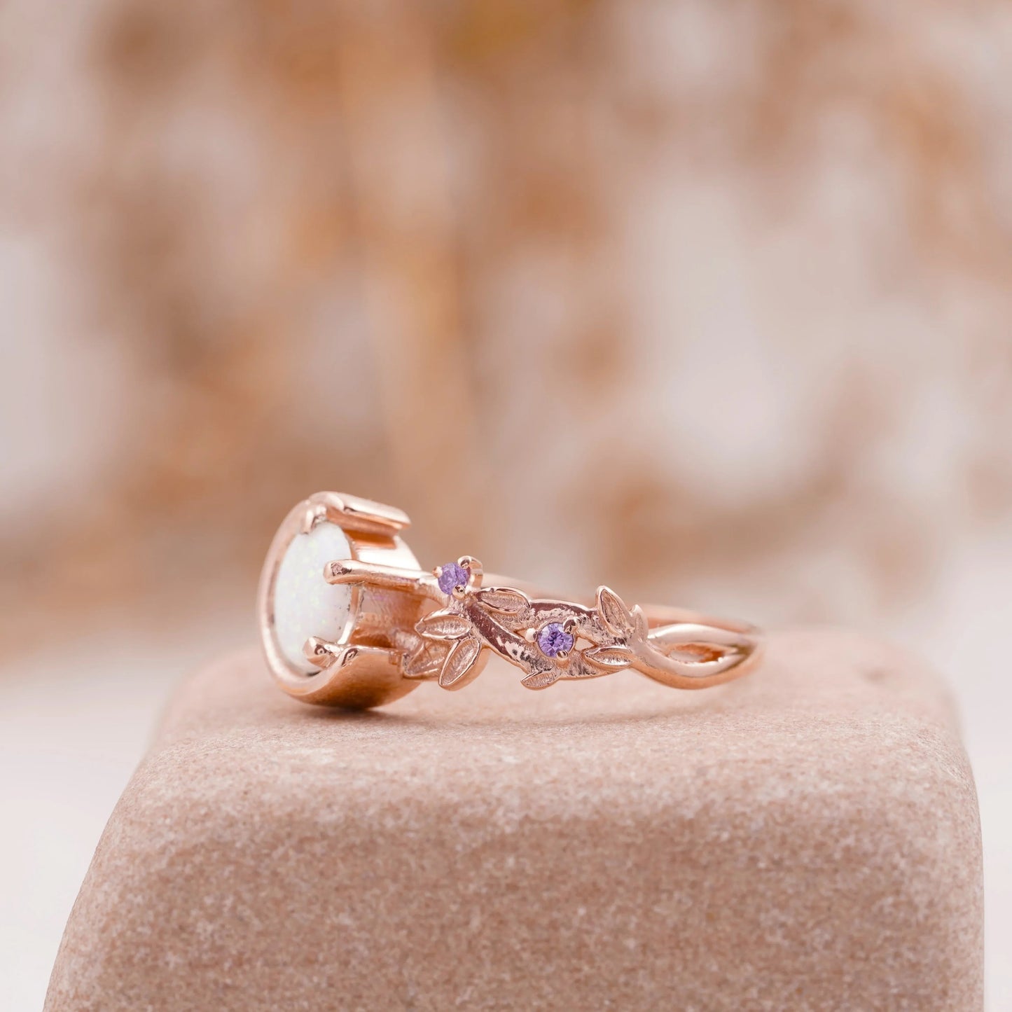 Moon Star Opal Engagement Ring with Amethyst Band