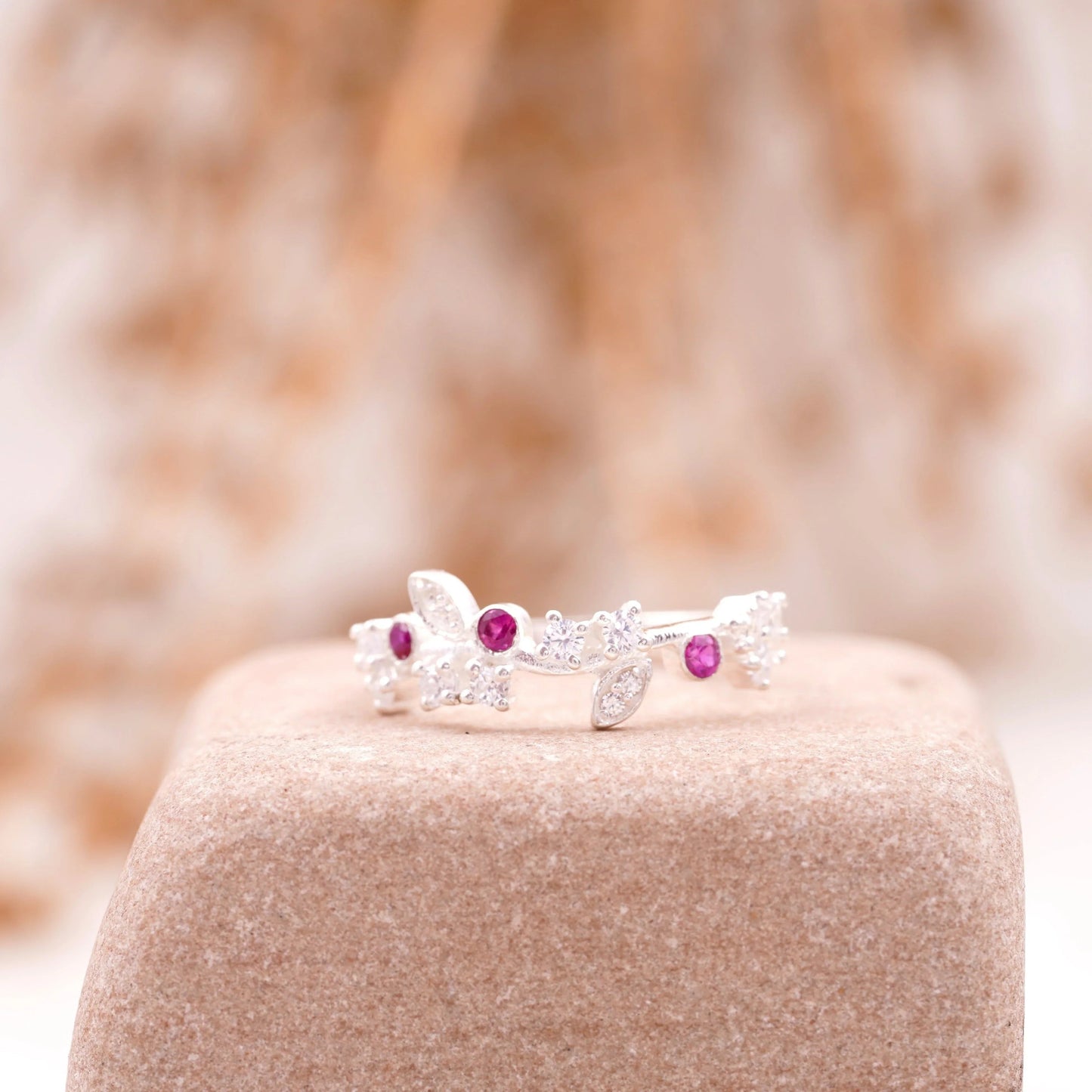 Nature Inspired Leaf CZ Diamond And Ruby Wedding Band 925 Sterling Silver