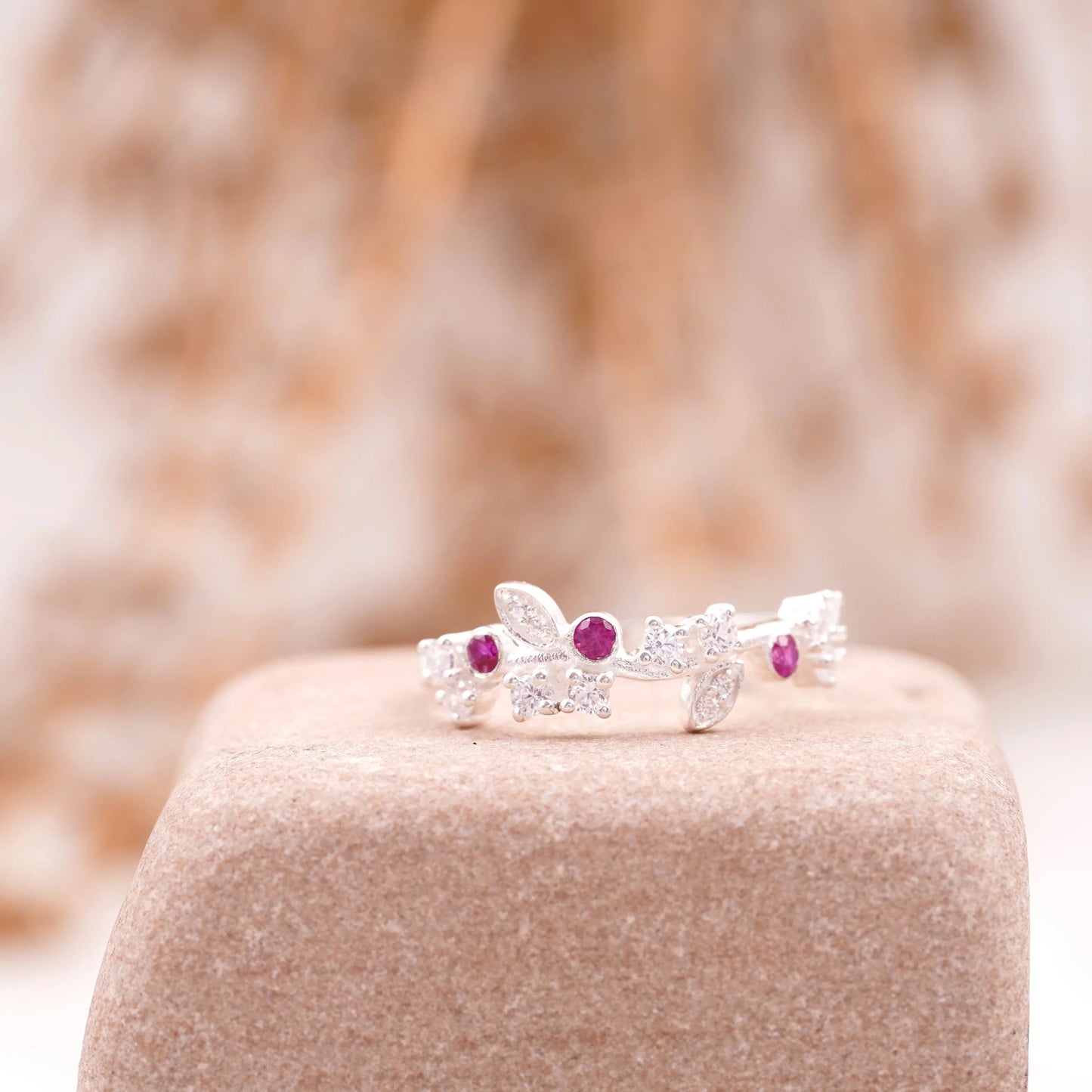 Nature Inspired Leaf CZ Diamond And Ruby Wedding Band 925 Sterling Silver
