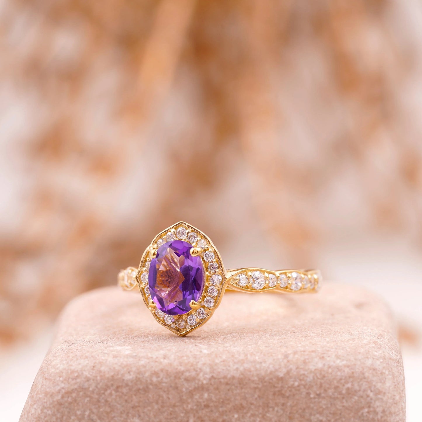 Oval Amethyst Halo Diamond Engagement Ring