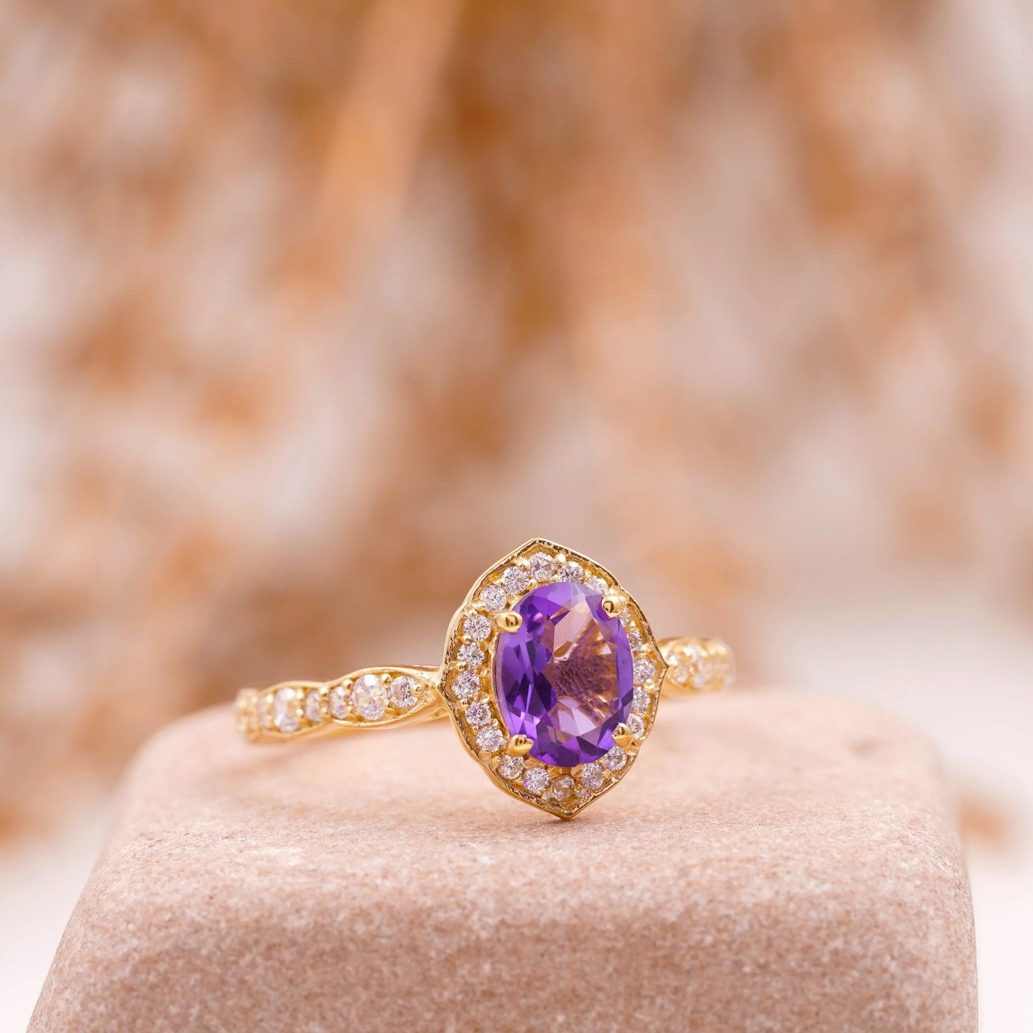 Oval Amethyst Halo Diamond Engagement Ring