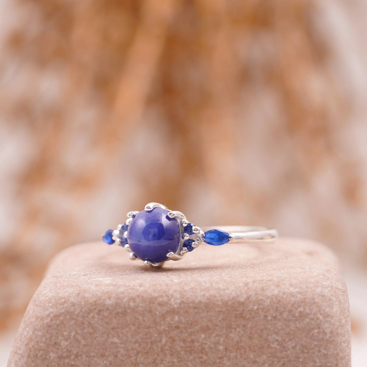 Vintage Blue Star Sapphire Silver Engagement Ring