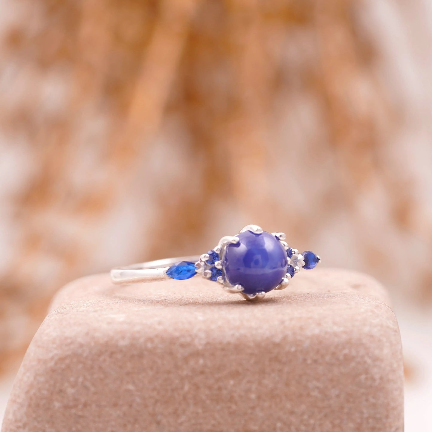 Vintage Blue Star Sapphire Silver Engagement Ring