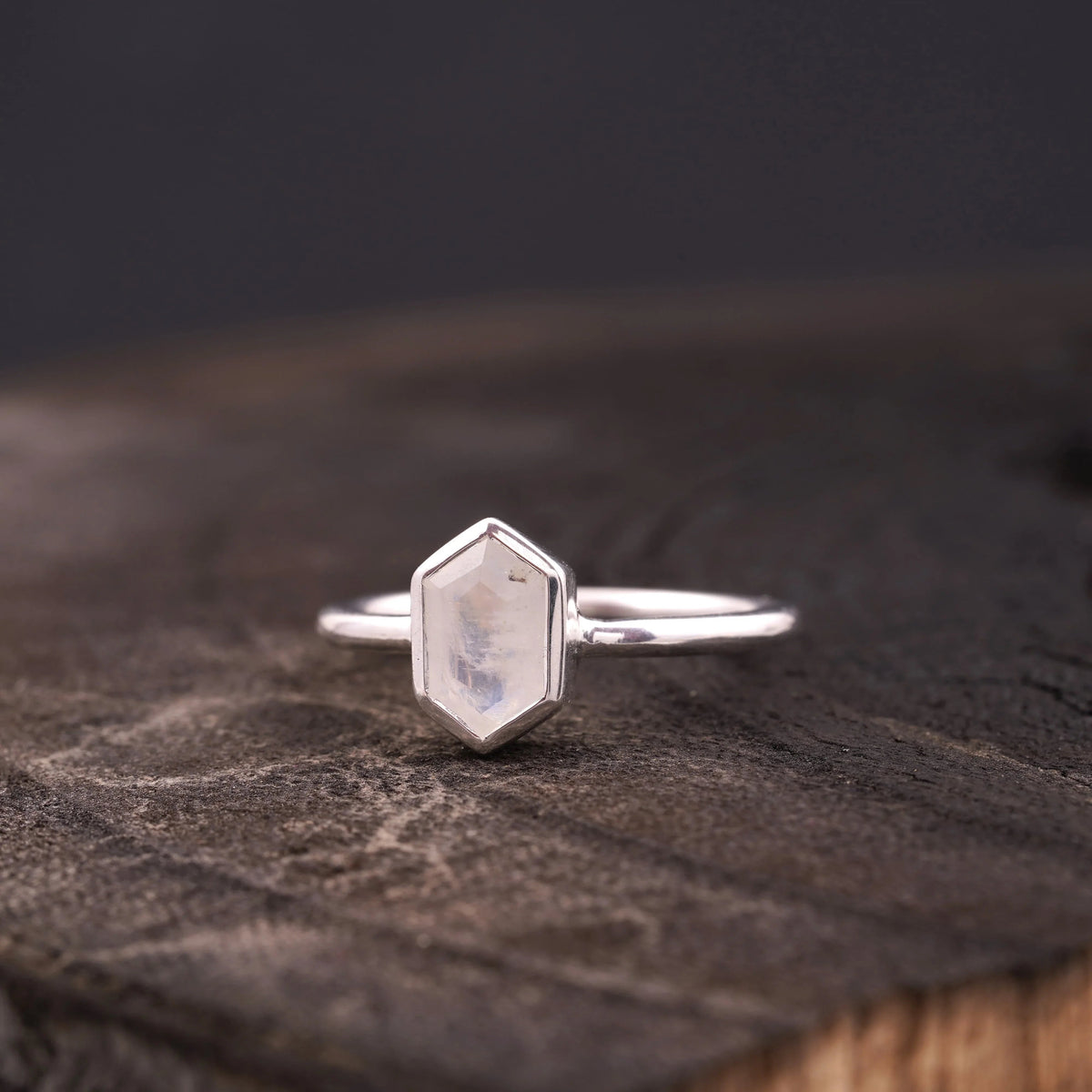 Hexagon Cut Moonstone Solitaire Ring
