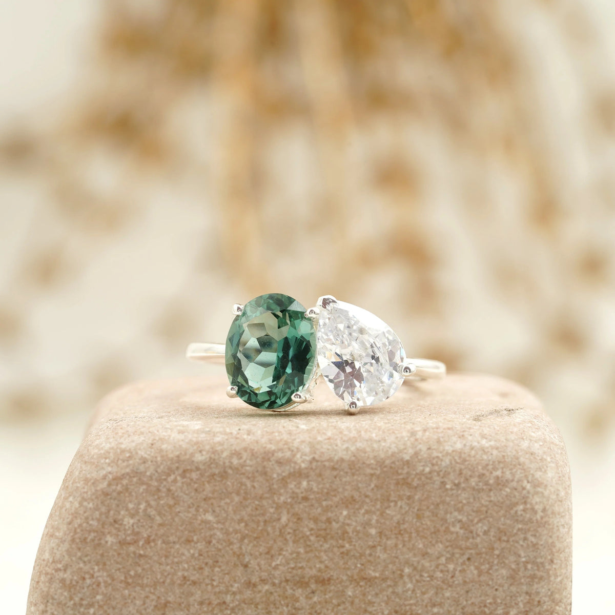 Toi Et Moi Tourmaline & Diamond Silver Engagement Ring