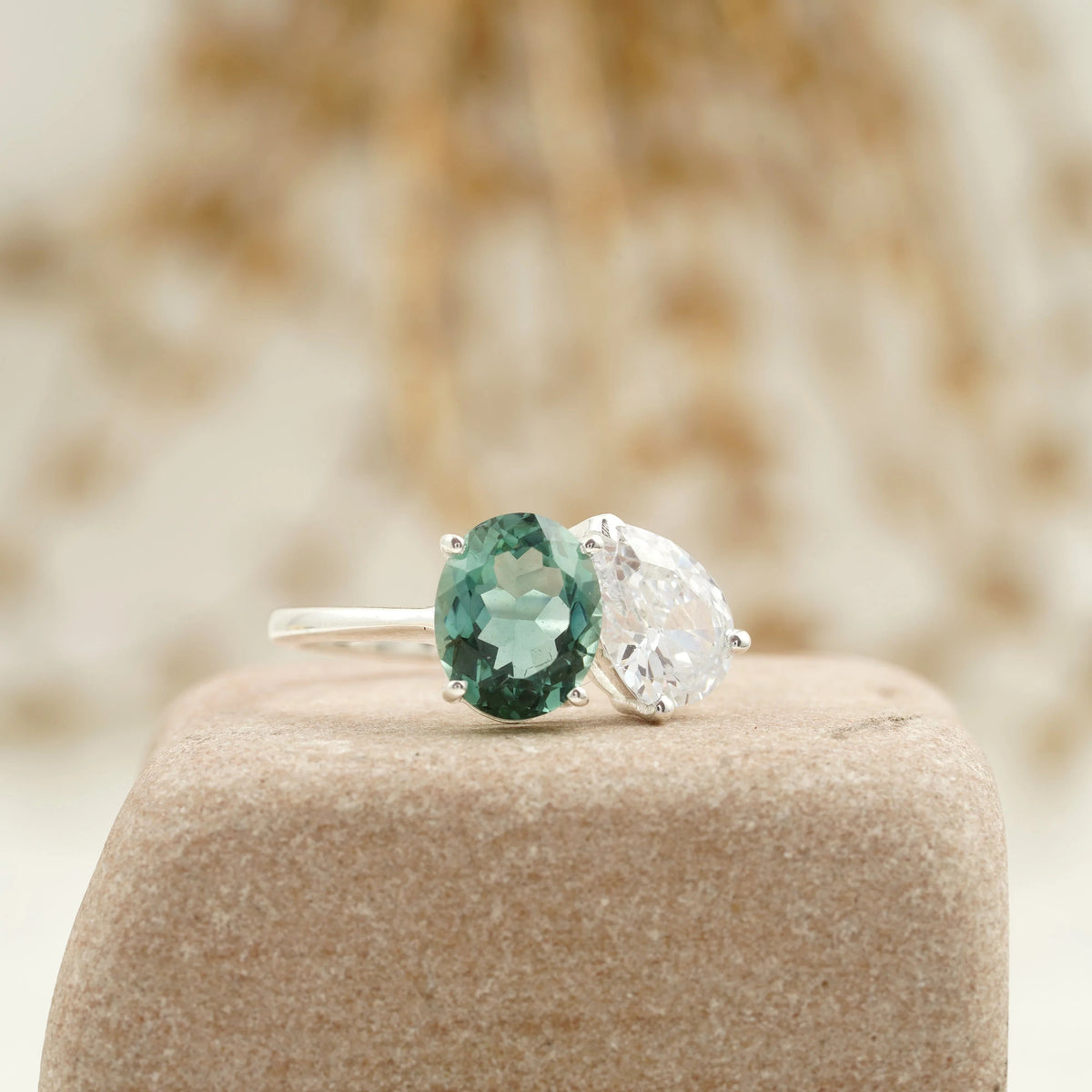Toi Et Moi Tourmaline & Diamond Silver Engagement Ring