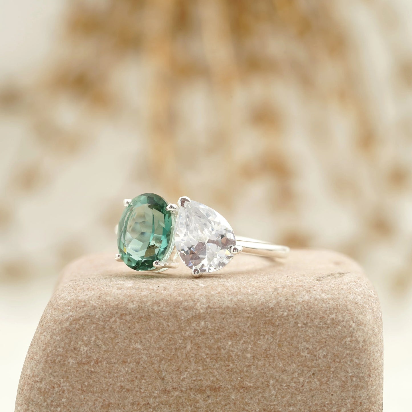 Toi Et Moi Tourmaline & Diamond Silver Engagement Ring