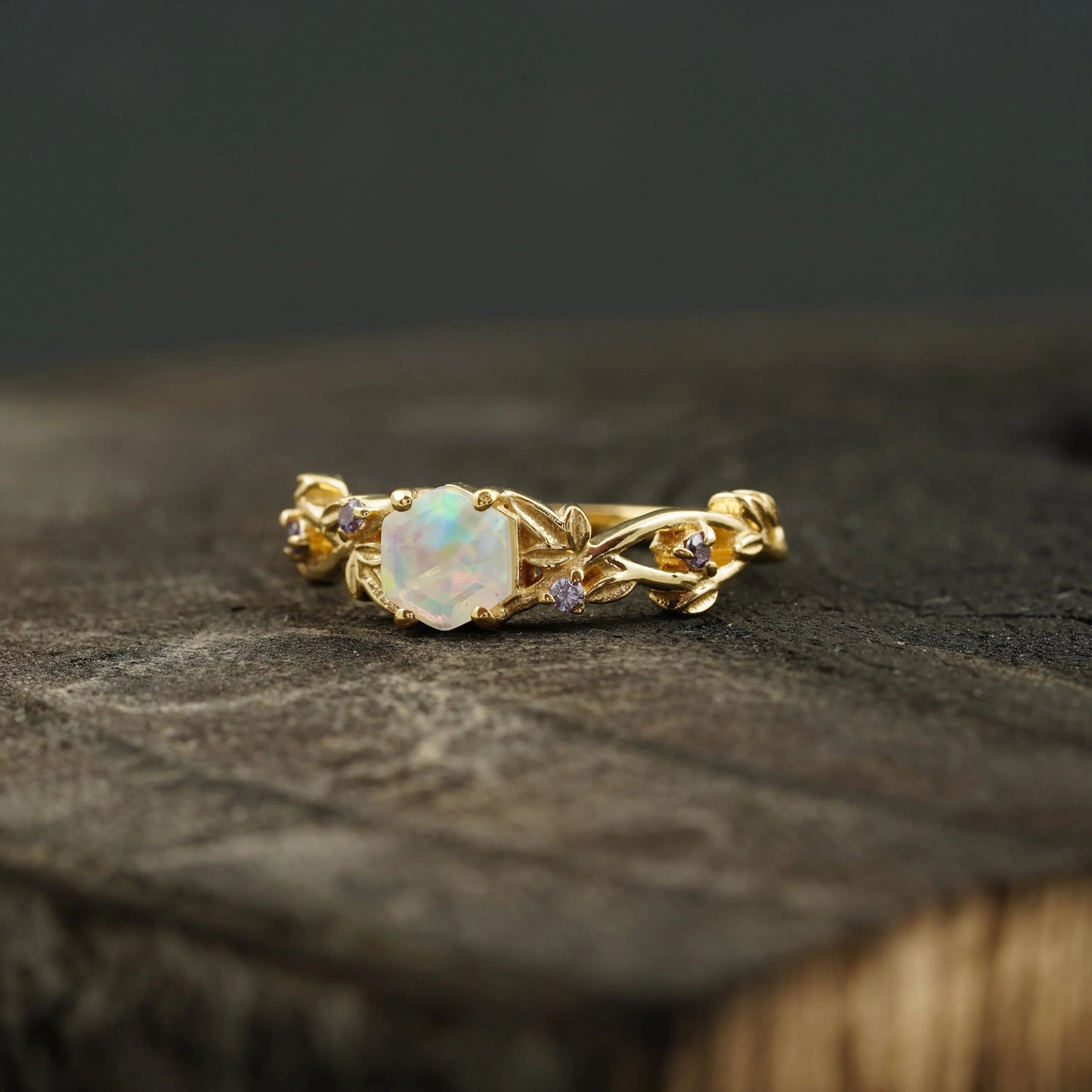 Hexagon Opal & Leaf Alexandrite Gold Engagement Ring