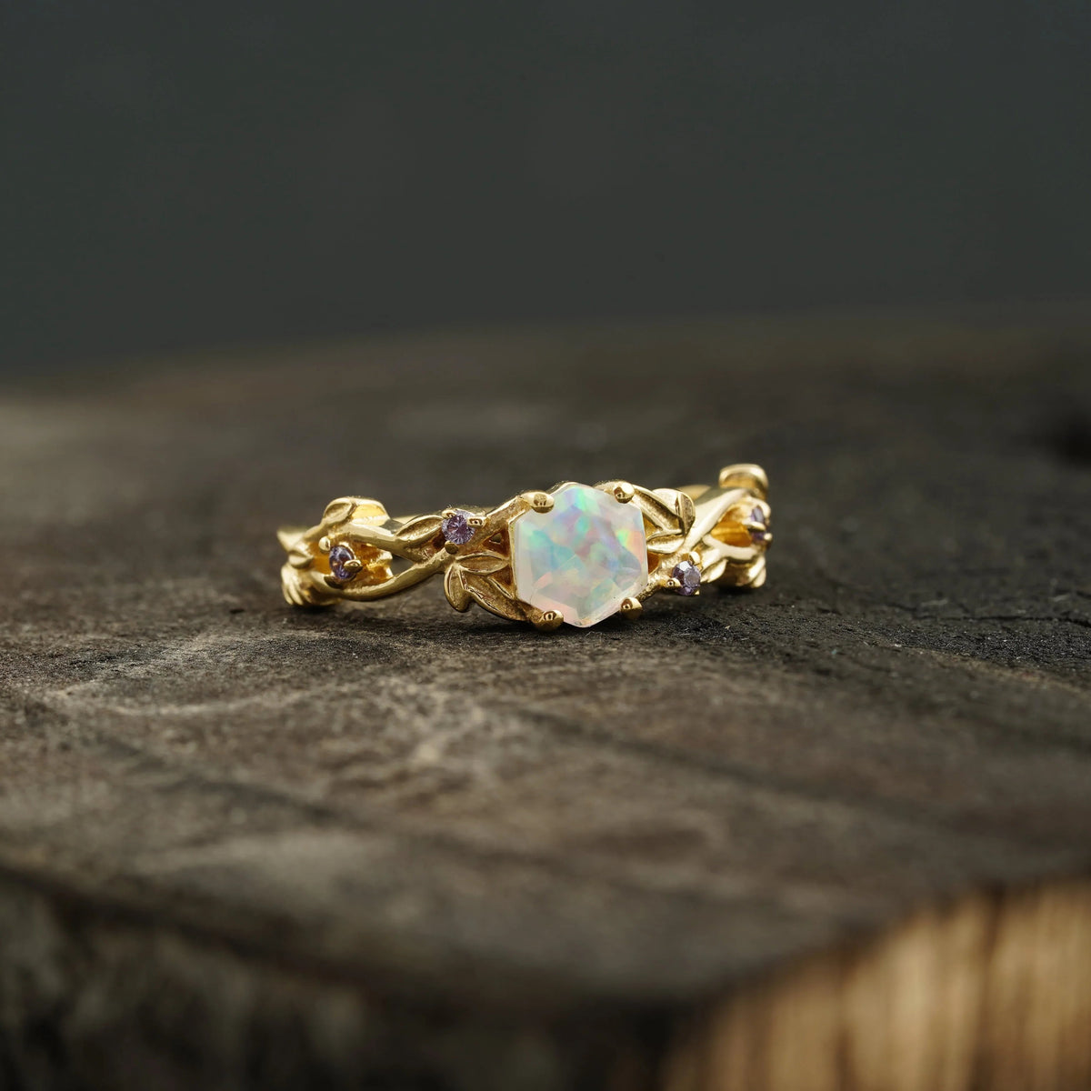 Hexagon Opal & Leaf Alexandrite Gold Engagement Ring