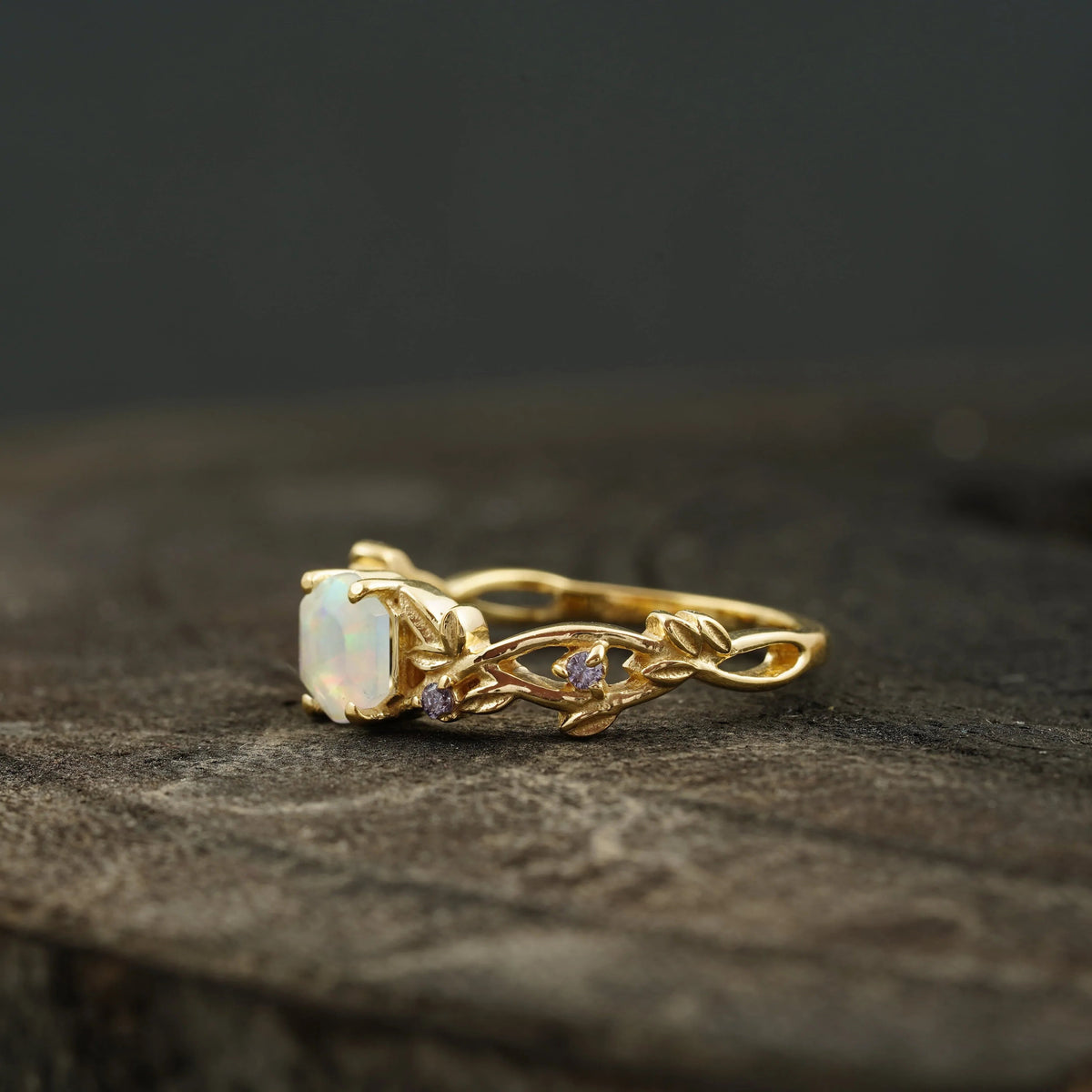 Hexagon Opal & Leaf Alexandrite Gold Engagement Ring