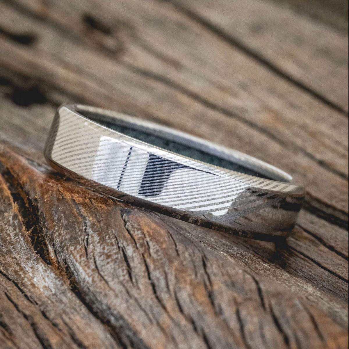 "Hyperion" - Crushed Moss Agate Lined Wedding Band With Custom Finish