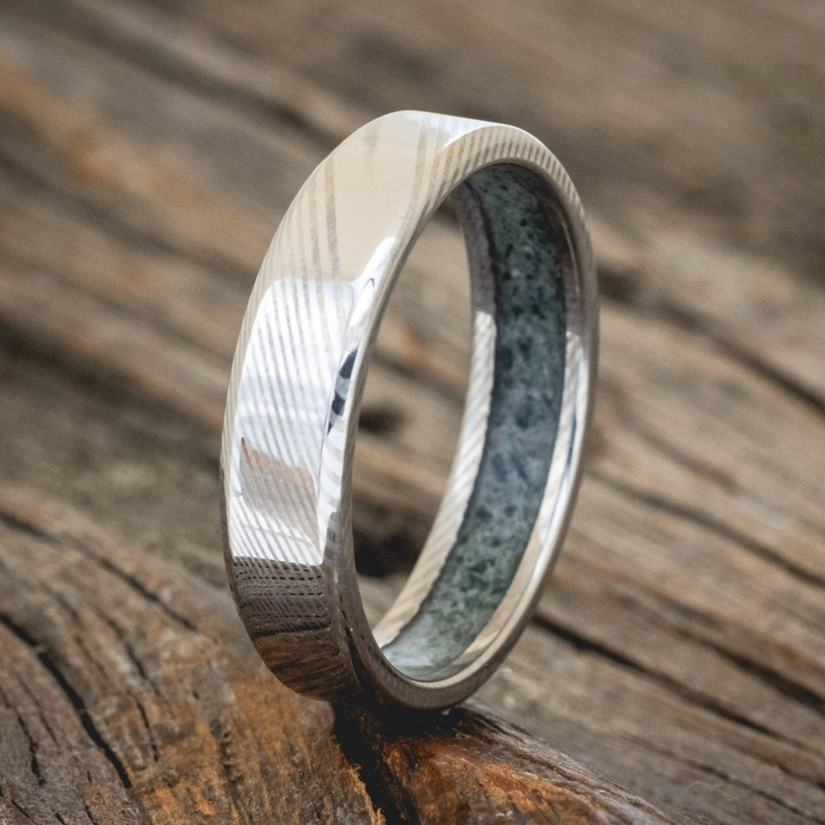 "Hyperion" - Crushed Moss Agate Lined Wedding Band With Custom Finish