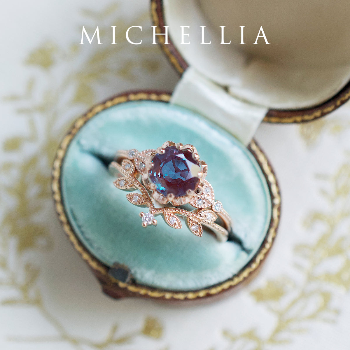 [Evanthe] Vintage Floral Engagement Ring in Lab Alexandrite