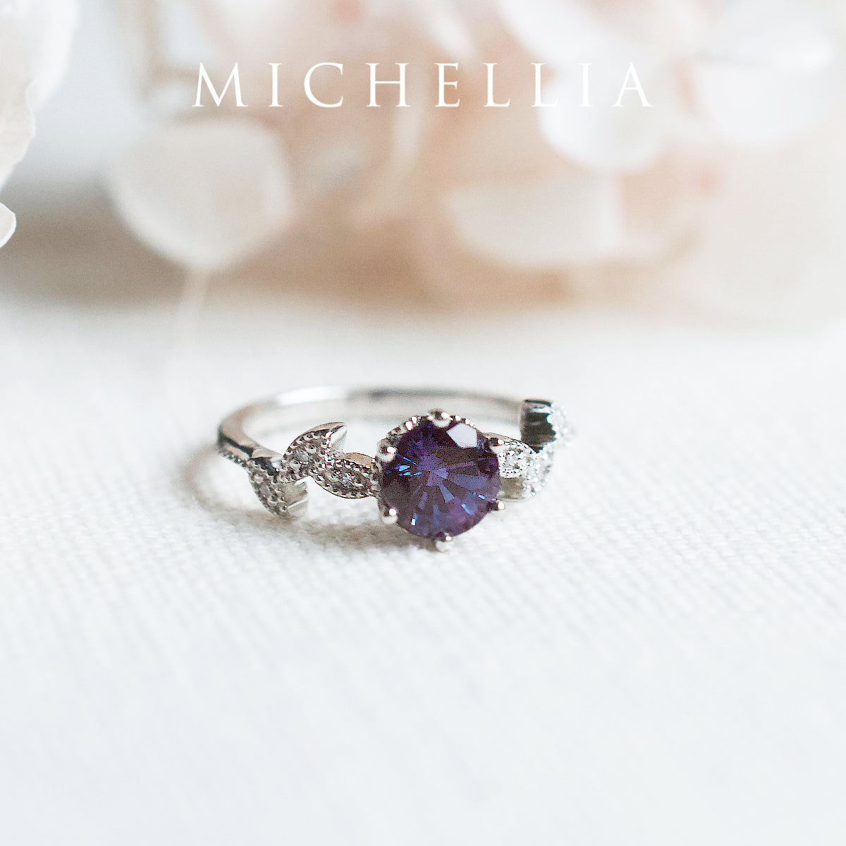 [Dahlia] Petite Floral Engagement Ring in Lab Alexandrite