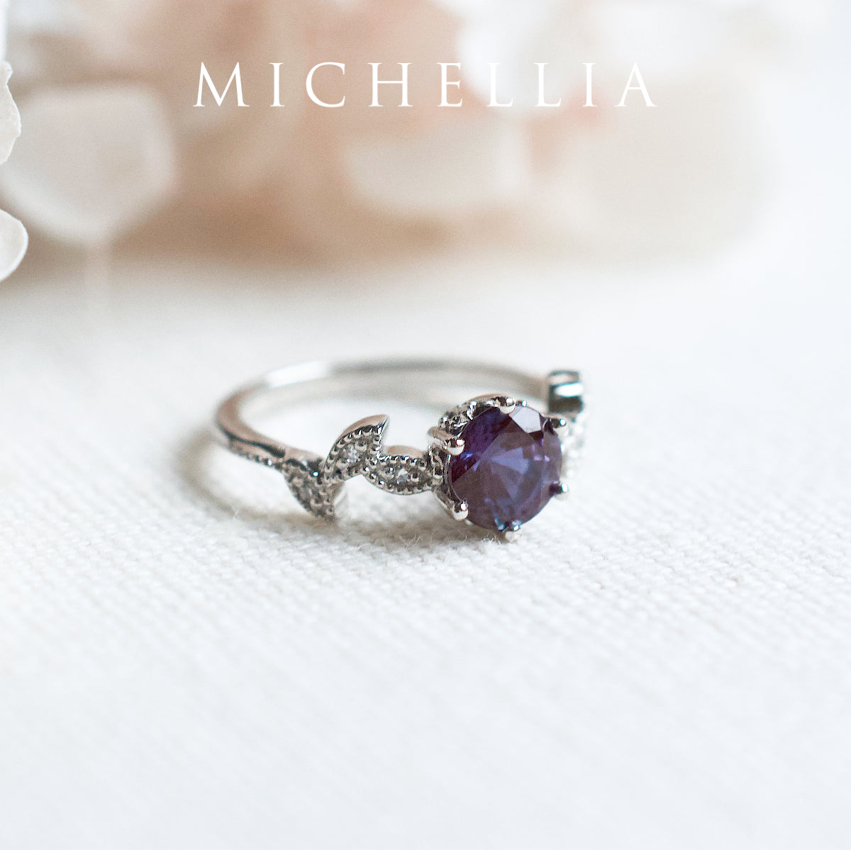 [Dahlia] Petite Floral Engagement Ring in Lab Alexandrite