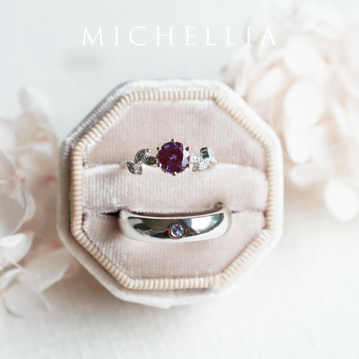 [Dahlia] Petite Floral Engagement Ring in Lab Alexandrite
