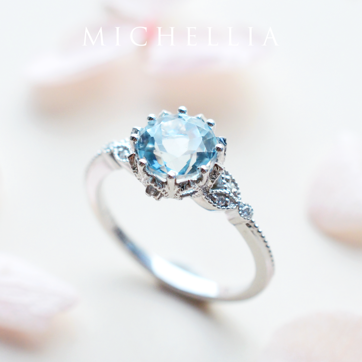 [Evanthe] Vintage Floral Engagement Ring in Aquamarine