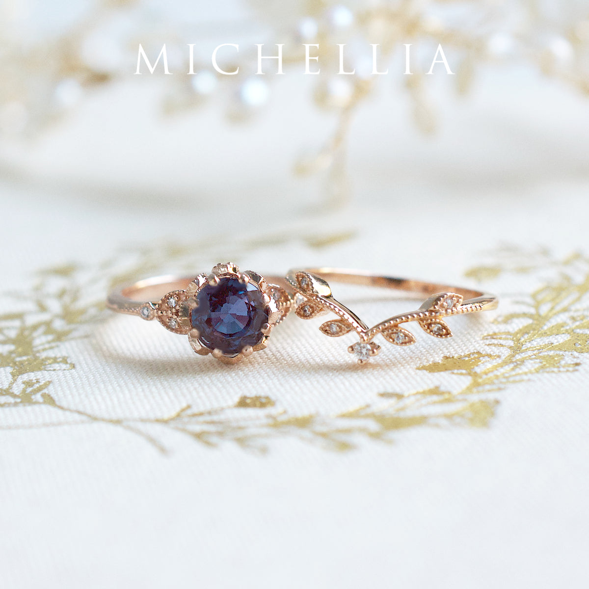 [Evanthe] Vintage Floral Engagement Ring in Lab Alexandrite