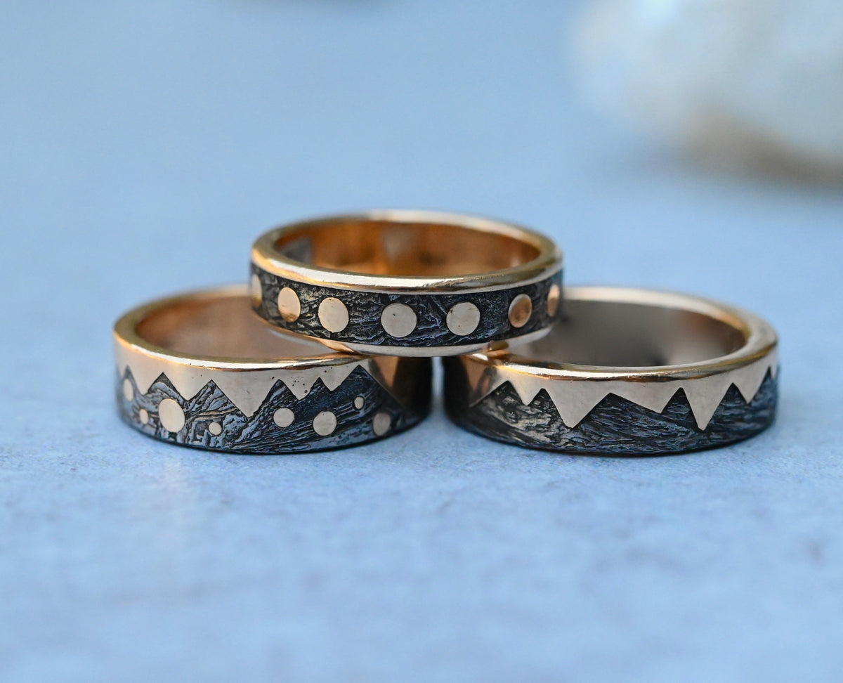 Meteorite & 14k Gold Zag Dot Ring - Made To Order
