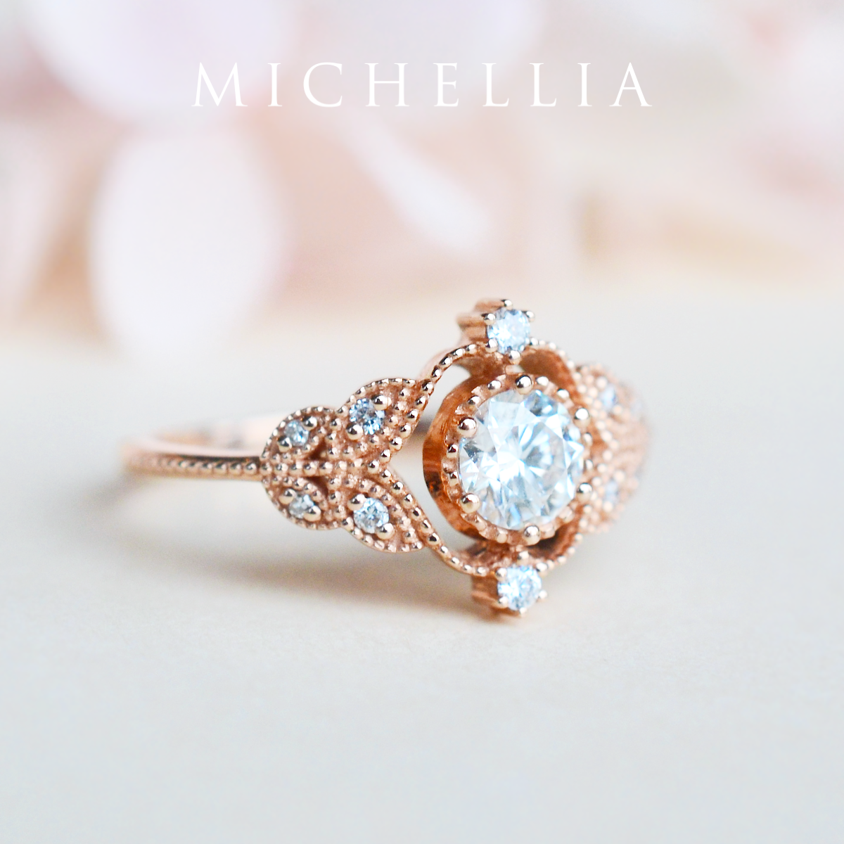 [Adeline] Vintage Rose Engagement Ring in Diamond / Moissanite