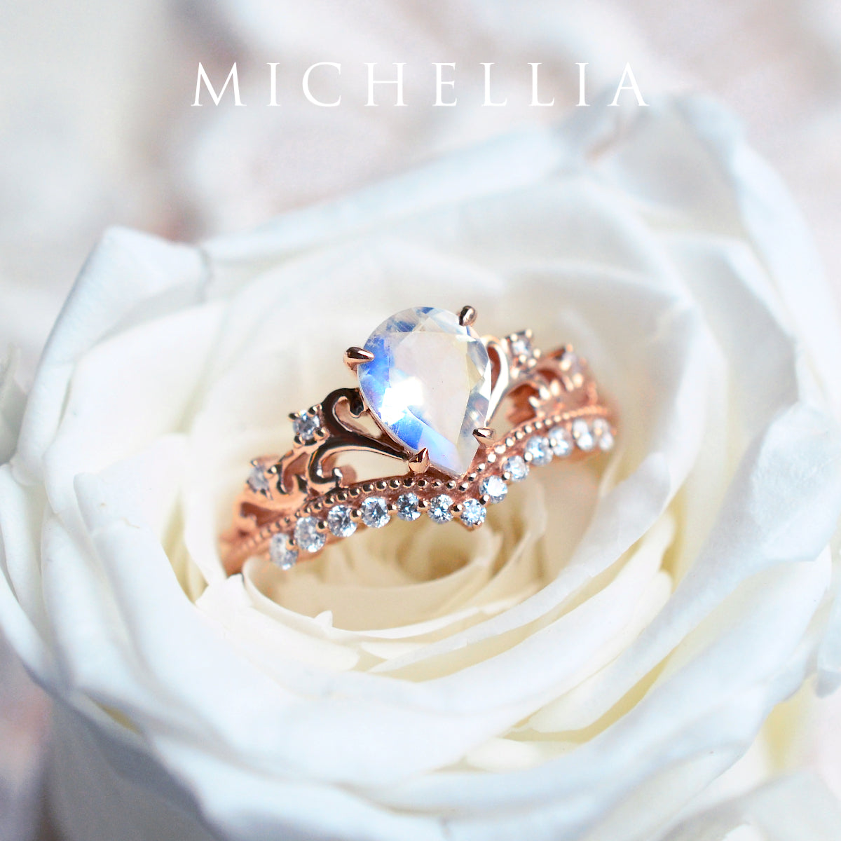[Francesca] Heirloom Crown Pear Engagement Ring in Moonstone