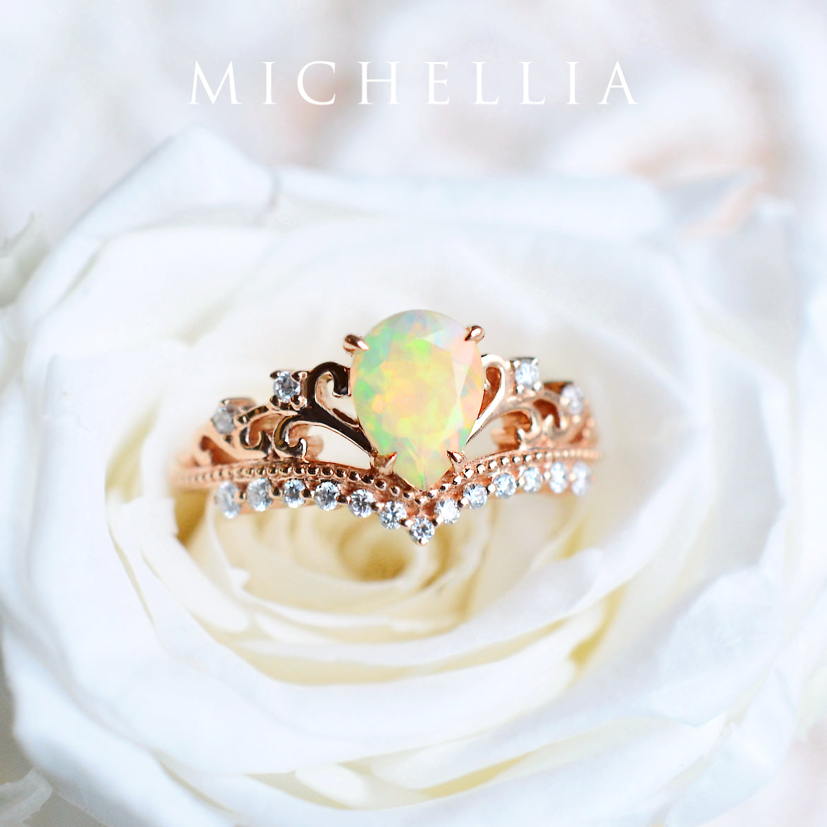 [Francesca] Heirloom Crown Pear Engagement Engagement Ring in Opal