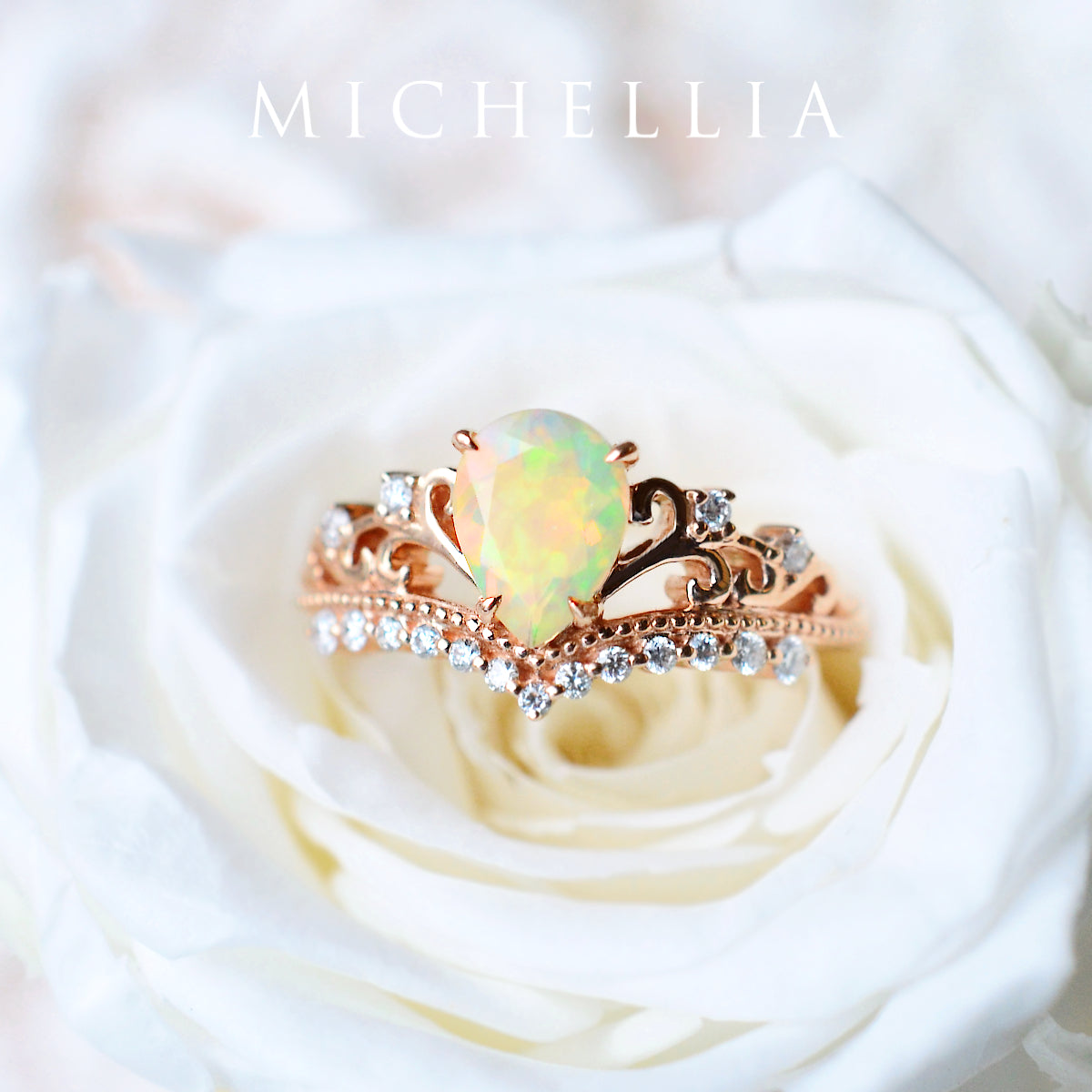 [Francesca] Heirloom Crown Pear Engagement Engagement Ring in Opal