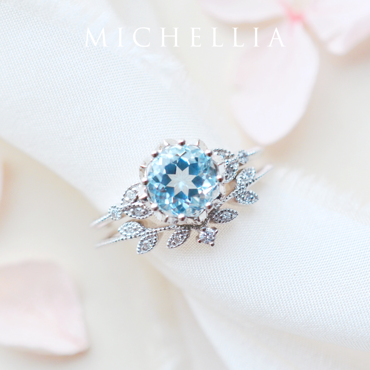 [Evanthe] Vintage Floral Engagement Ring in Aquamarine