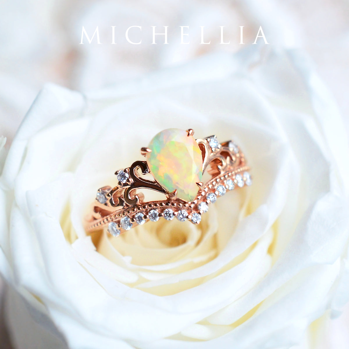 [Francesca] Heirloom Crown Pear Engagement Engagement Ring in Opal
