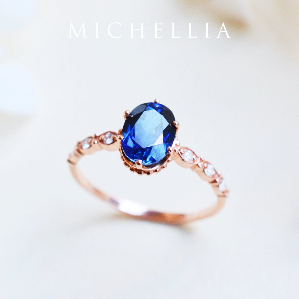 [Evelina] Vintage Classic Crown Oval Engagement Ring in Lab Blue Sapphire